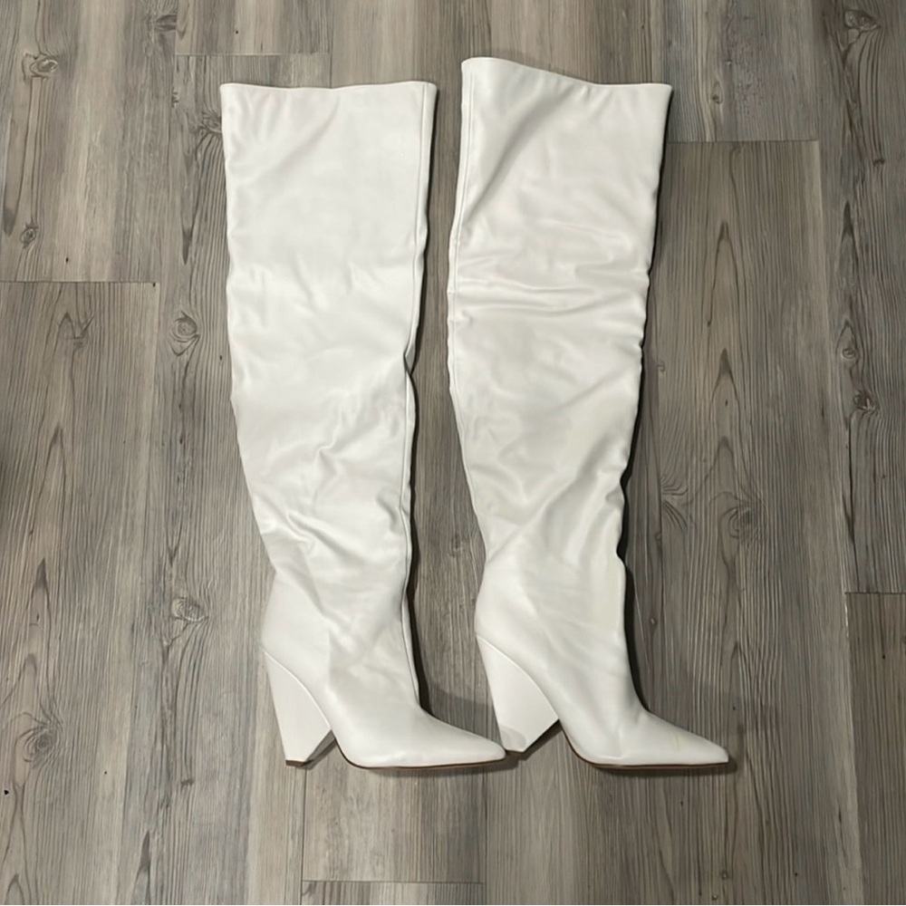 White faux leather knee high boots